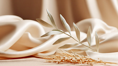 A delicate sprig rests upon a background of smoothly draped fabric. The composition features neutral tones, with subtle gradients creating depth and dimension. The textures include soft, flowing materials, with focused lighting. Suitable for use in design projects, advertising, or other visual communication materials.の素材