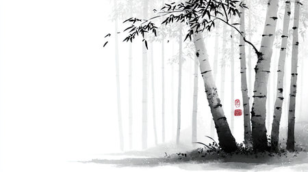 This illustration depicts a serene bamboo forest rendered in a minimalist style with grayscale tones. The composition emphasizes the vertical lines of the trees, creating a sense of depth and tranquility. The artwork could be suitable for a variety of creative projects including print and digital media use.の素材