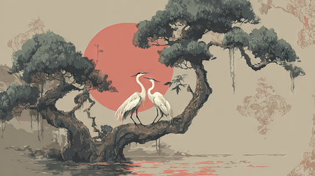 Two herons stand gracefully on a textured tree branch against a backdrop of a rising red sun. The image features a muted color palette with soft textures and artistic style, creating a tranquil atmosphere. Suitable for various commercial applications, the scene evokes a sense of harmony and natural beauty, suitable for design projects.の素材