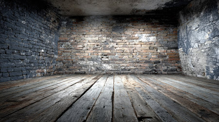 The image depicts a dark interior with aged brick walls and a wooden floor. The lighting emphasizes the textures of the surfaces. The composition suggests an abandoned space. It could be utilized for various commercial applications. This image presents a sense of history and decay, suitable for different design purposes.の素材