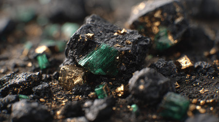 This image presents a close-up view of raw emeralds and gold nuggets scattered on a dark, textured surface. The composition features rough, dark stones with visible emerald inclusions and specks of gold. The lighting highlights the textures, and the setting suggests a natural environment. Suitable for use in illustrations or commercial projects, the image showcases valuable minerals.の素材