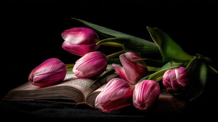 Vibrant pink tulips are arranged on an open book, set against a stark black background. The composition is visually striking, with high contrast highlighting the texture of the petals and pages. This still life suggests a tranquil indoor setting, potentially suitable for editorial or decorative use.の素材