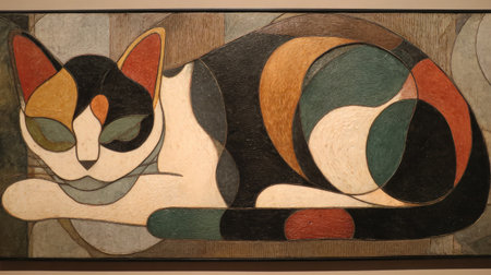 An abstract illustration presents a resting cat composed of geometric shapes. The artwork features a palette of earth tones alongside black and white. The style emphasizes bold outlines and a flattened perspective. This image is suitable for diverse commercial applications, offering a blend of artistic flair.の素材