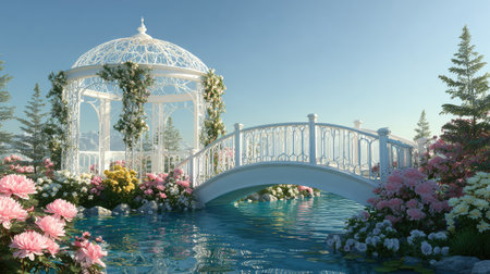 A picturesque scene presents a white gazebo with an arched bridge spanning a body of water. Pink, yellow, and other colorful flowers bloom along the water's edge, with lush greenery and trees framing the background. The composition features a soft, dreamy aesthetic, suitable for various commercial and editorial purposes.の素材