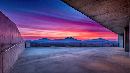 A vibrant sunset illuminates the sky above distant mountains, framed by a modern concrete structure. The composition utilizes strong horizontal lines and an open perspective. The dramatic color palette suggests a moment of transition, possibly outdoors at dusk. This image is suitable for various commercial and editorial applications.の素材