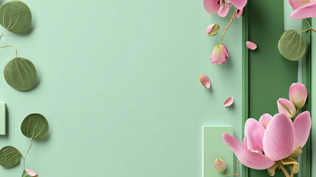 A vibrant floral arrangement features soft pink blossoms and verdant green leaves set against a pastel mint background. The composition includes geometric shapes and textures, with overhead lighting casting gentle shadows. This image is suitable for various uses, including decorative designs and artistic projects.の素材