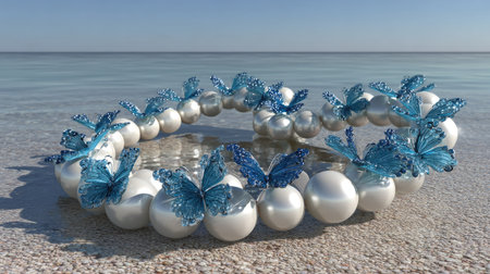 A close-up depicts a delicate pearl bracelet adorned with numerous shimmering blue butterfly decorations. The objects rest upon a sandy surface, contrasted by a backdrop of tranquil ocean water and a clear sky. The image could be used for designs associated with fashion, jewelry, or coastal themes, suitable for various commercial projects.の素材