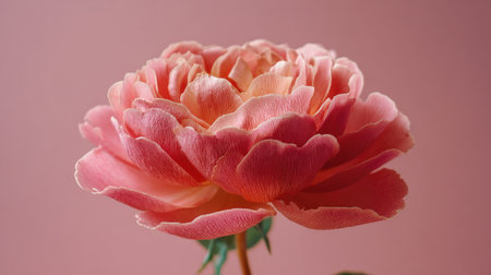 A close-up showcases a fully bloomed pink rose. The petals exhibit a delicate texture and gradient of light and dark pink tones. The composition features soft lighting against a simple pink backdrop. It could be used for various commercial or editorial projects.の素材