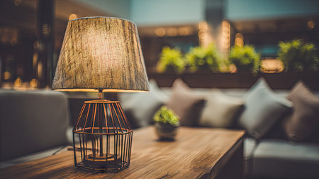 A vintage-style lamp with a textured lampshade sits on a wooden table. The warm lighting illuminates the scene, while a blurred background reveals pillows and plants. The composition suggests a cozy indoor setting, suitable for commercial use in design, decor, or lifestyle themes.の素材