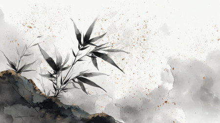 A serene watercolor painting features bamboo branches against a softly textured background. The artwork displays a minimalist style with black and white tones, creating a peaceful aesthetic. The composition suggests natural elements, potentially suitable for artistic projects and decorative designs. This image could be used in various commercial applications.の素材