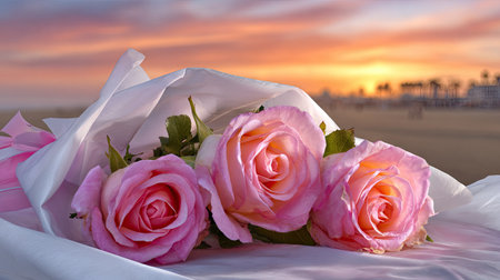 Three vibrant pink roses are presented on a white draped fabric, creating a delicate display. The scene is bathed in soft, warm light from a sunset in the background. The image showcases a romantic ambiance and may be used in various commercial projects such as floral arrangements, greeting cards, or decorative designs.の素材