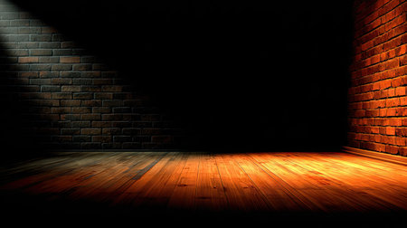 An empty room features brick walls and wooden flooring, bathed in light from spotlights. One wall is illuminated by a cool light, and the other by a warm glow, adding dimension to the textures. This composition could be used for various commercial and editorial purposes.の素材