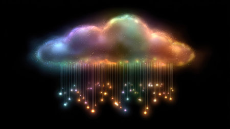 An illustration features a vibrant cloud emitting streams of radiant, colored lights, set against a stark black backdrop. The image showcases a digital art style with illuminated textures and an overall ethereal aesthetic. It could be used in various commercial projects, including design, advertising, and artistic concepts.の素材