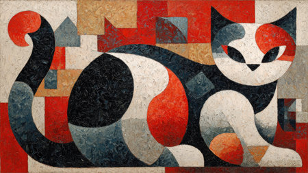 This image showcases a stylized illustration of a cat, rendered in a modern, geometric art style. The composition features a mix of vibrant colors, including red, white, and black. The design employs clean lines and shapes. This image is suitable for various commercial and editorial uses.の素材