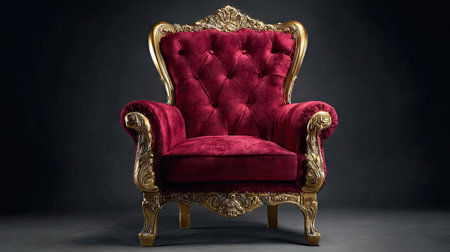 An ornate throne chair is presented. The chair is upholstered in a rich red velvet fabric. Gold accents frame the piece, with intricate carvings and details. The composition features dramatic lighting and a dark backdrop. It could be suitable for various projects, including advertising or editorial designs.の素材