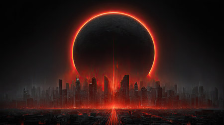 A dark illustration showcases a glowing red circle hovering above a silhouetted city. The composition features a modern style with strong red and black color contrast, highlighting the skyline. This dramatic scene might be suitable for various creative projects, including commercial and editorial applications related to technology or futuristic themes.の素材