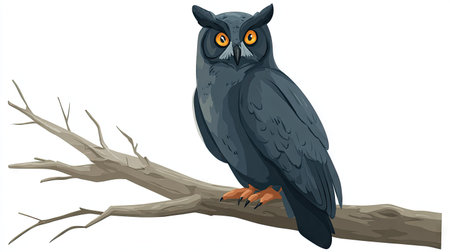This illustration depicts a majestic owl resting on a tree branch. The owl features dark blue feathers and bright orange eyes. The style is simple and graphic, with a white background, and the composition is centered. It is well-suited for various commercial and editorial applications.の素材