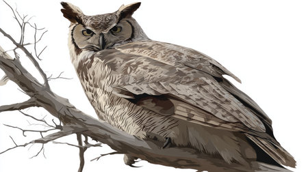 An illustration depicts a great horned owl perched on a bare tree branch. The owl's feathers exhibit a mix of gray and brown tones, while the branch appears textured. The composition is well-lit, and the owl is positioned prominently. Suitable for various commercial and editorial purposes.の素材