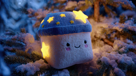 An illuminated plush toy shaped as a marshmallow is the focal point, radiating soft light. It showcases a whimsical design with a blue hat adorned with stars. The setting appears to be outdoors among snow-covered evergreen branches, possibly at night. Suitable for use in children's media or festive themes.の素材