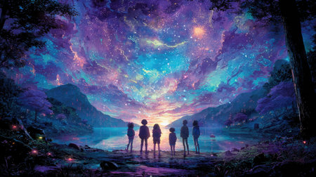 The image showcases a group of individuals silhouetted against a vibrant night sky filled with stars and swirling colors. The composition features a landscape with mountains, water, and trees, creating a sense of wonder. This illustration could be used for various projects, including educational materials, posters, or website designs.の素材