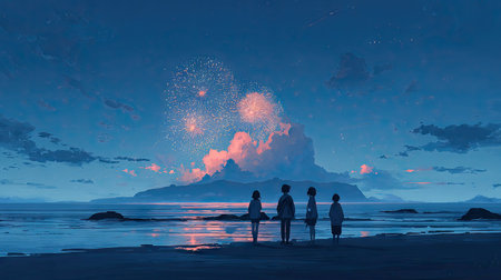 Silhouetted figures stand on a beach observing a vibrant display of light and color in the night sky. The scene features soft hues, a smooth gradient, and a minimalist style. This artwork suggests a tranquil atmosphere and might be suitable for various creative projects, including illustrations.の素材