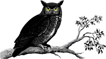 A detailed black and white illustration depicts a great horned owl perched on a tree branch. The owl, with piercing yellow eyes, is the primary focus. The image employs intricate linework and a high-contrast aesthetic. This design could be used for various commercial purposes like educational materials or decorative elements.の素材