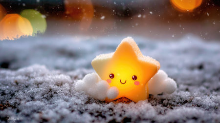 A cartoon star character with a smiling face is placed on a snowy surface. The star emits a warm, yellow light and is flanked by small, fluffy white clouds. The composition is enhanced by a soft, out-of-focus bokeh background, suggesting a night or winter setting. Suitable for illustrating fantasy themes or seasonal concepts.の素材