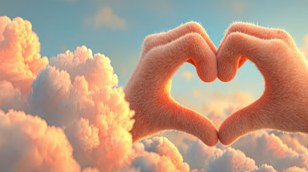 Two hands form a heart shape against a backdrop of fluffy clouds and a blue sky. The image features a soft, pastel color palette and warm lighting, suggesting a daytime setting. It could be used for themes related to love, relationships, and feelings. Ideal for greeting cards, advertising, or website design.の素材
