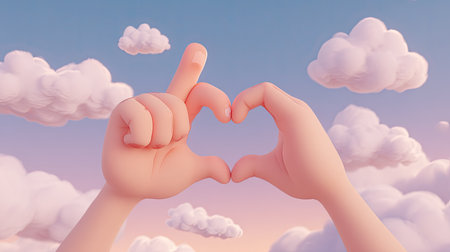 Two hands create a heart shape against a backdrop of a pastel sky filled with cartoon clouds. The image features soft, light colors and a clean, stylized aesthetic. This visual could be used in various projects, including illustrations for greeting cards, promotional materials, or designs expressing affection and love.の素材