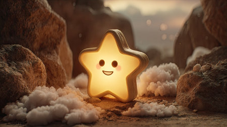 A cheerful star character is depicted outdoors amidst a dreamy, soft-focused environment. The image showcases warm, golden hues and soft textures. The composition creates a magical feeling, suitable for various creative and illustrative projects and general commercial applications.の素材