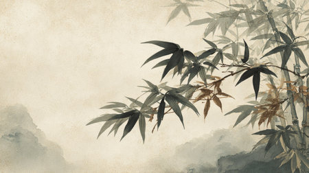 An ink painting presents bamboo and foliage against a soft, mountainous backdrop. The artwork showcases muted tones, primarily grayscale and sepia. The composition creates a sense of depth. It has a tranquil aesthetic suitable for design, illustration, and various commercial projects.の素材