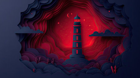 A digitally crafted image shows a lighthouse bathed in red light. The scene uses a papercraft style with layered elements and dark blue tones creating depth. Clouds and stars are visible in the night sky setting, suggesting a coastal location. This artwork could be used for various design projects and visual communication.の素材
