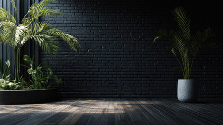 An indoor scene features potted plants set against a dark brick wall, with a wooden floor reflecting light. The composition uses natural sunlight to create a play of shadows and highlights, offering a backdrop suitable for various commercial projects or visual content.の素材