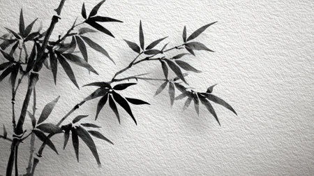 A black and white ink painting depicts bamboo branches and leaves against a textured paper backdrop. The composition uses a minimalist style with soft lighting and shadows. This image could be suitable for illustrating concepts like nature, tranquility, or artistic design. It may be used in various editorial or commercial applications.の素材