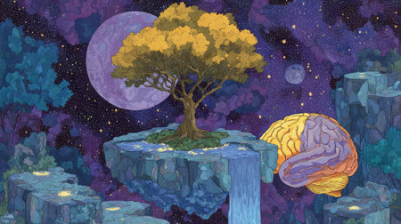 An imaginative illustration presents a tree flourishing on a floating island, linked to a depiction of the human brain. The composition features a vibrant color palette, with the tree's golden leaves contrasting against a backdrop of cosmic elements. This artwork, with its symbolic imagery, could be suitable for educational materials or conceptual designs.の素材