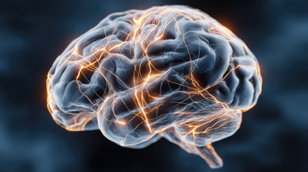 The image presents a detailed illustration of a human brain, showcasing intricate anatomical structures. Luminous, golden-yellow lines represent neural pathways and electrical impulses. The composition features a translucent effect against a deep, blurred backdrop. This visualization could be suitable for scientific, medical, or educational purposes.の素材