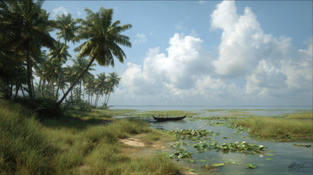 A serene landscape showcases a river meandering towards the ocean, framed by lush green vegetation and tall palm trees. The image features a small boat and a bright blue sky dotted with fluffy white clouds. The scene uses natural light, creating a relaxing atmosphere, suitable for travel and nature-related publications.の素材
