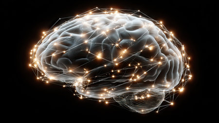 This illustration depicts a detailed human brain with glowing network connections overlaid. The image features a translucent appearance with highlights against a stark black background. It utilizes digital art techniques and may be suitable for scientific publications, educational materials, or conceptual projects related to neurology and mental health.の素材