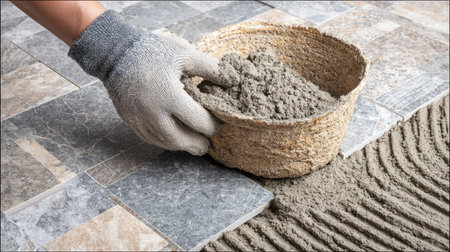 A gloved hand carefully places cement from a woven basket onto a tiled floor. The image showcases a close-up view with natural lighting, highlighting textures and patterns. This scene suggests construction or renovation, suitable for visual content related to home improvement and building projects.の素材