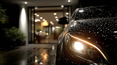 A sleek, black automobile is parked outside a building entrance at night. Raindrops glisten on the car's surface, reflecting the interior lights. The scene is bathed in a combination of soft and artificial lighting. This image could be used in advertising or marketing materials.の素材