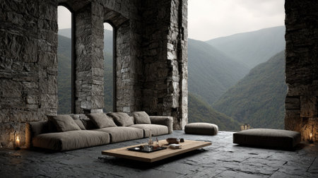 A modern living space features a long gray sofa, simple wooden table, and stone walls. The room is illuminated by ambient lighting, with views of mountain range. The aesthetic suggests a modern home design, suitable for lifestyle or architecture publications, advertising.の素材