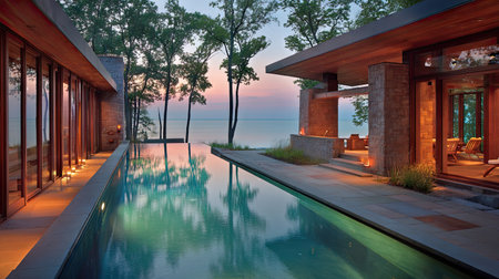 A modern luxury home features a long swimming pool reflecting the serene sea and the twilight sky. The architecture showcases a combination of stone, wood, and glass, enhanced by warm lighting. This image could be used for interior design, travel, real estate, or lifestyle publications.の素材