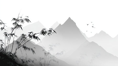 This image showcases an ink wash painting. The scene features layered mountains, bamboo stalks with leaves, and several birds in flight. The monochromatic tones create a serene ambiance. Suitable for illustrative purposes, the image could be used for editorial content or for various design projects.の素材