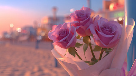 A hand presents a bouquet of pink roses, their petals in delicate focus. The composition features soft lighting and a shallow depth of field. The background shows a blurred environment. This image could be used for various commercial applications, including greetings and promotions.の素材