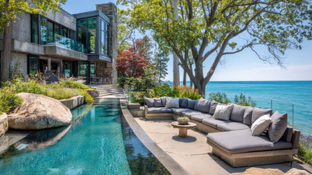 A modern waterfront estate features a pool and outdoor lounge area. The image showcases a sunny day with clear blue water and a well-manicured landscape. The architectural style emphasizes clean lines, natural materials, and large windows, which could be useful for various commercial applications.の素材