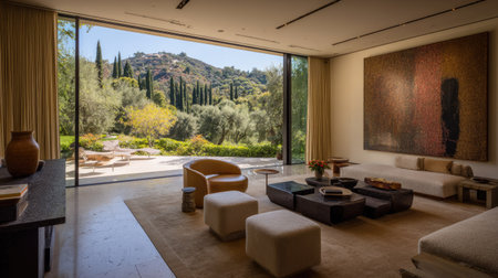 This interior showcases modern design with a large window framing a lush mountain landscape. The space features contemporary furniture, including a sofa and chairs, with a neutral color palette. Warm lighting and a large artwork piece add to the elegant atmosphere. The image is suitable for architectural, lifestyle, and design-related publications.の素材