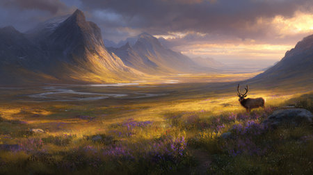 An elk stands in a vast, sunlit valley surrounded by towering mountains under a dramatic sky. The scene is awash with warm hues, and soft textures. The image utilizes composition and lighting for a mood, offering potential for use in various illustrative or editorial contexts.の素材