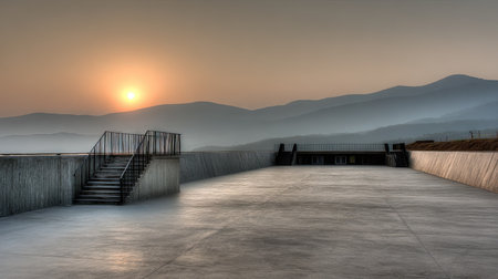 A minimalist concrete structure features stairs leading to an elevated platform, offering a panoramic view of a distant mountain range. The composition utilizes a low angle and a muted color palette dominated by grey and orange tones. The image suggests a serene, outdoor setting during sunrise, ideal for conceptual or architectural applications.の素材