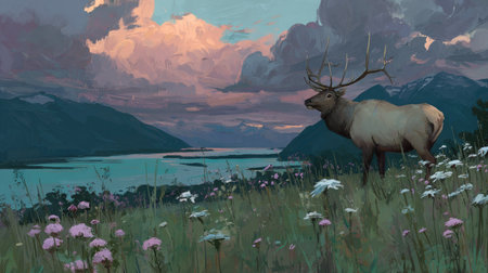 An elk stands on a grassy hillside, gazing toward a tranquil lake and distant mountains. The artwork features a painterly style with soft textures and muted colors, creating a serene atmosphere. The composition utilizes natural light and a wide angle, evoking a sense of peace. Suitable for environmental, wildlife, or landscape projects.の素材
