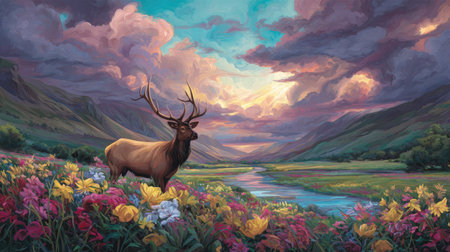 An elk stands in a field of flowers, framed by a mountain valley. The artwork exhibits soft textures, with rich colors and a vibrant composition. A river flows through the scene under a sky filled with dramatic, textured clouds. This image may be used for decorative prints, editorial content, or various creative projects.の素材